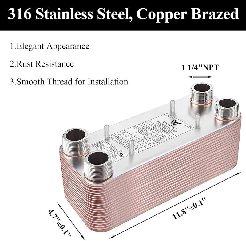 AB Brazed Plate Heat Exchanger Stainless Steel SS316L 5"x12" 20 Plates 1 1/4" MPT 330,000 BTU/hr Hydronic Heating - Image 4