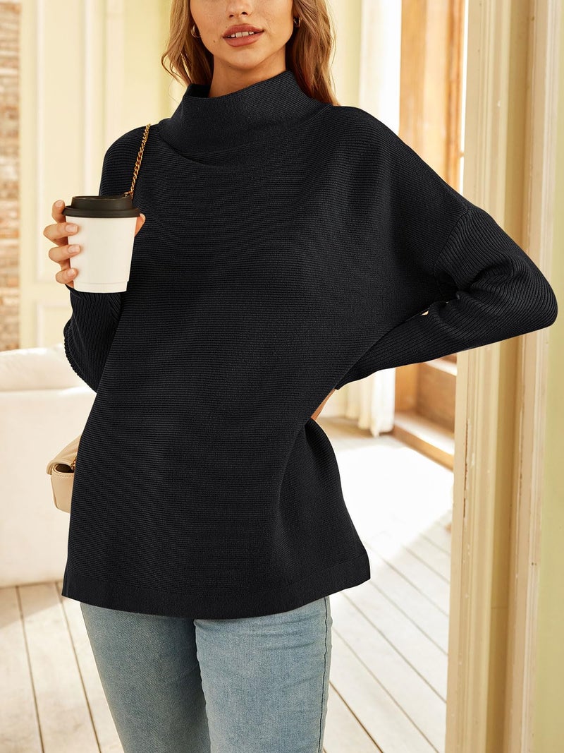 LILLUSORY Women's Mock Turtleneck Sweaters Oversized Long Sleeve Casual Knit Pullover 2025 Tunic Tops Wear with Leggings Black M - Image 2