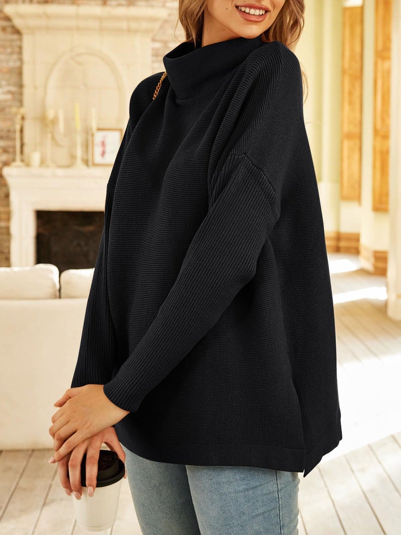 LILLUSORY Women's Mock Turtleneck Sweaters Oversized Long Sleeve Casual Knit Pullover 2025 Tunic Tops Wear with Leggings Black M - Image 3