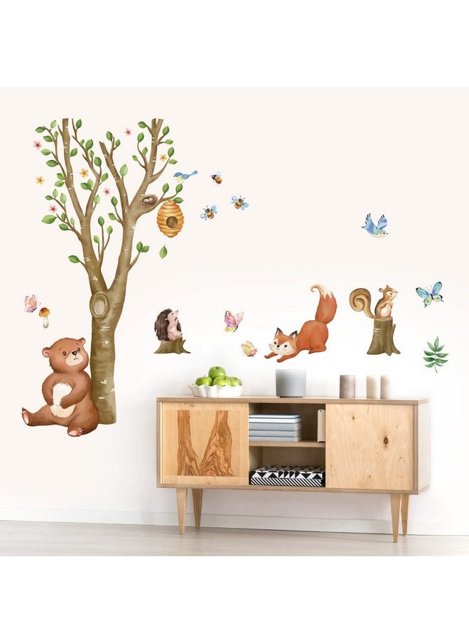 wondever - wondever Woodland Animals Wall Stickers Birch Tree Bear Fox Peel and Stick Wall Art Decals for Kids Bedroom Baby Nursery - Image 1