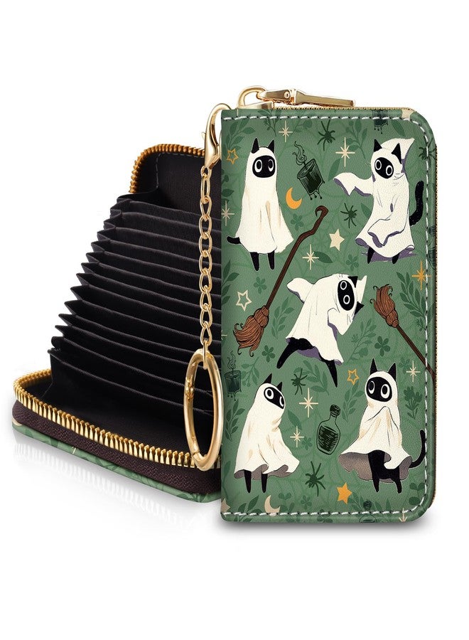Blusabaca RFID Credit Card Holder Wallets for Women, Small Card Case Wallet with Removable Keychain and Zipper, Leather Card Holder Pocket Business Card Accordion Wallet, Witch Spooky Halloween, Small - Image 1
