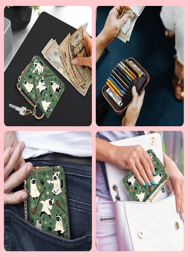 Blusabaca RFID Credit Card Holder Wallets for Women, Small Card Case Wallet with Removable Keychain and Zipper, Leather Card Holder Pocket Business Card Accordion Wallet, Witch Spooky Halloween, Small - Image 3