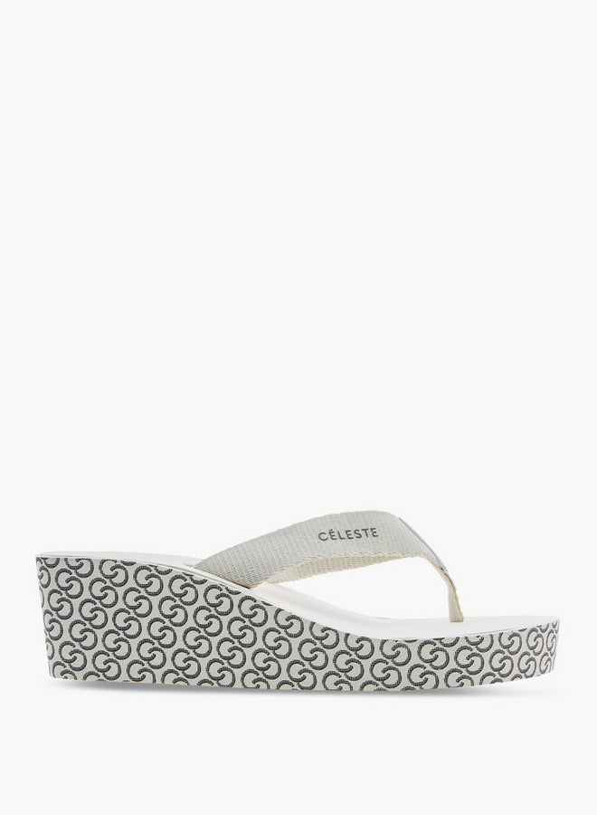 Celeste Women's Monogram Print Thong Slippers with Wedge Heels - Image 3