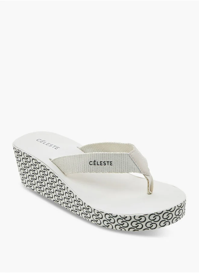 Celeste Women's Monogram Print Thong Slippers with Wedge Heels