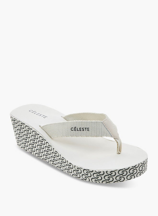 Celeste Women's Monogram Print Thong Slippers with Wedge Heels - Image 2