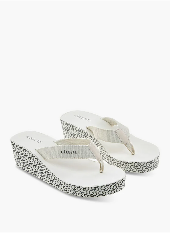 Celeste Women's Monogram Print Thong Slippers with Wedge Heels