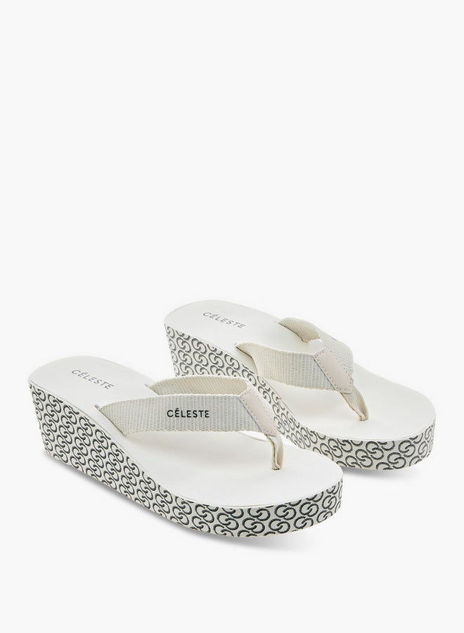 Celeste Women's Monogram Print Thong Slippers with Wedge Heels - Image 1