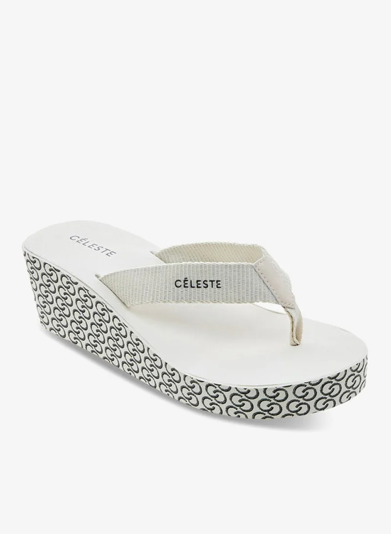 Celeste Women's Monogram Print Thong Slippers with Wedge Heels