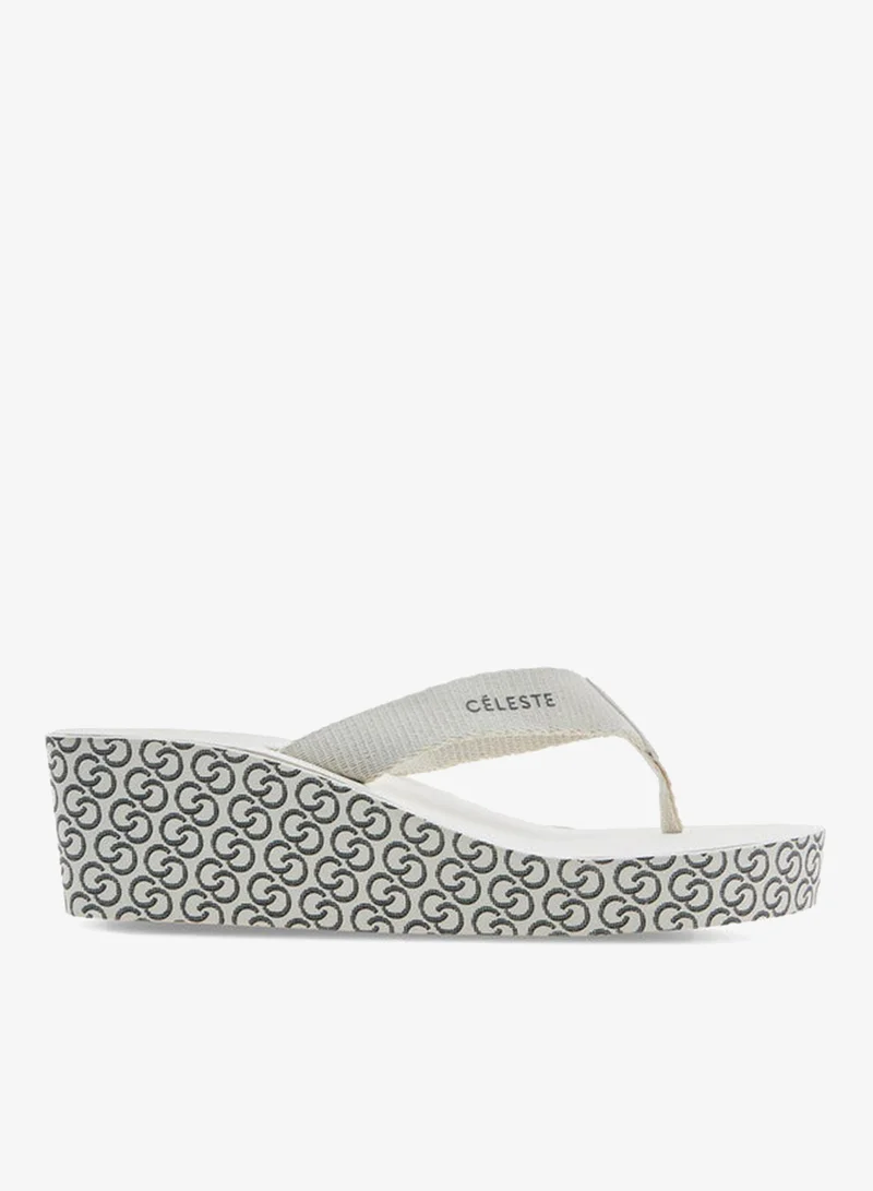 Celeste Women's Monogram Print Thong Slippers with Wedge Heels