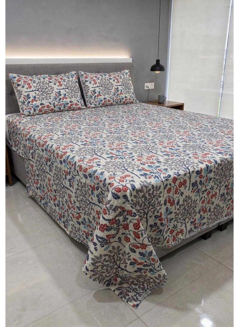 RISHAHOME King size Cotton Blend Flat Bedsheet Set 144 Thread Count Tree Floral Design 220x240 cm - Image 1