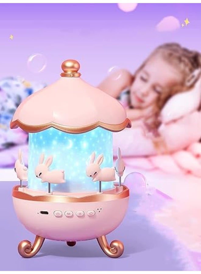Cartoon Bunny Rotating Night Light for Kids – 360° Magic Star Projector with Warm LED Light and Soothing Music with 6 Interchangeable Projection Slides – USB Charging, Stylish Bedroom Decor and Gift - Image 1