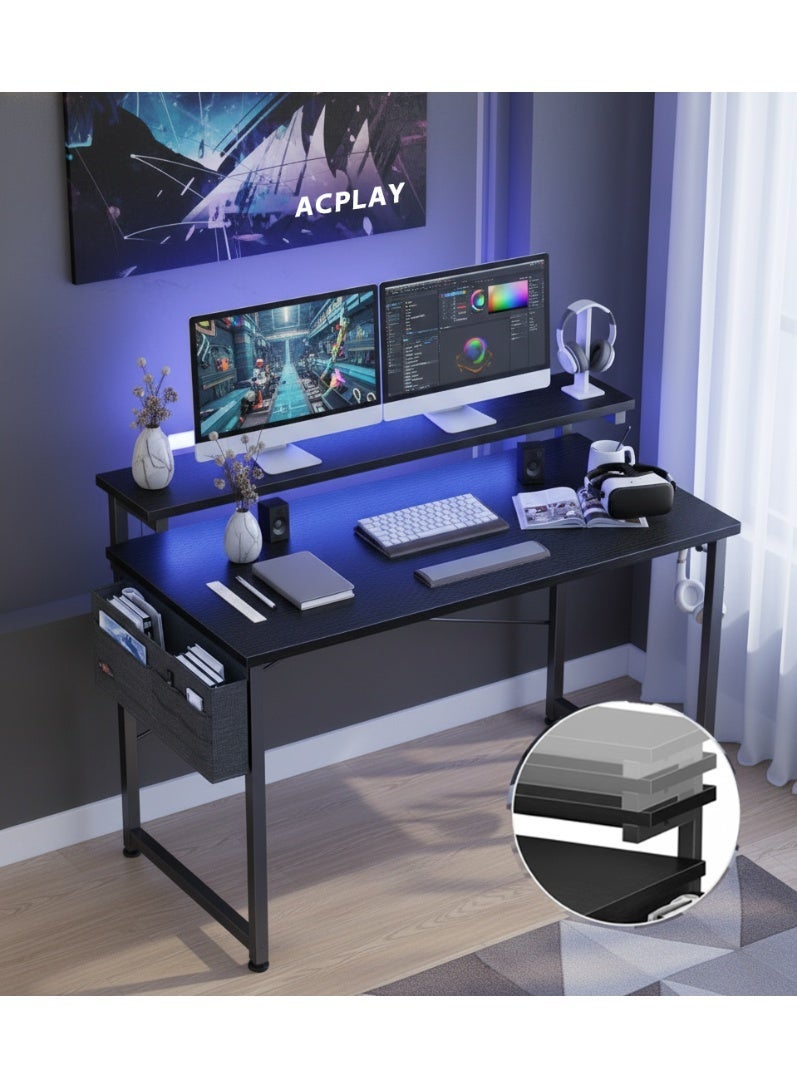 ACPLAY Computer Desk with Adjustable Monitor Shelves Home Office Desk with Monitor Stand Writing Desk Study Workstation with 3 Heights - Image 1