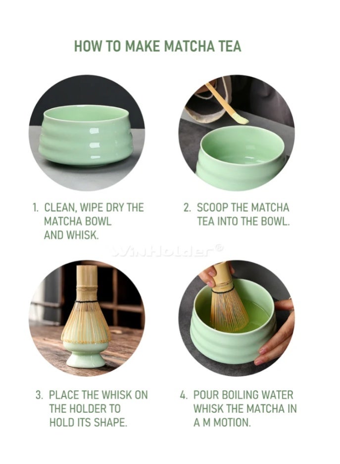 daydayup 4 Piece Matcha Set, Traditional Handmade Tea Tool with Ceramic Bowl, Scoop, Prong Bamboo Matcha Whisk and Holder - Image 3