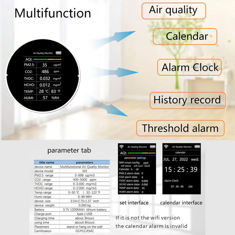 Tuya WiFi Multifunctional Air Quality Detector 7 In 1 PM2.5 TVOC CO2 HCHO Temperature Humidity AQI Detector Home Desk Office Car Indoor Air Quality Monitor - Image 5