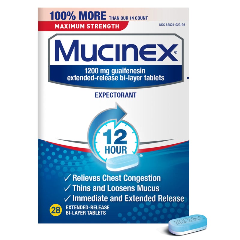 Mucinex 12 Hour Maximum Strength 1200 mg Guaifenesin Extended-Release Tablets for Excess Mucus Relief, Expectorant Aids Excess Mucus Removal, Chest Congestion Relief, 28 Tablets - Image 1