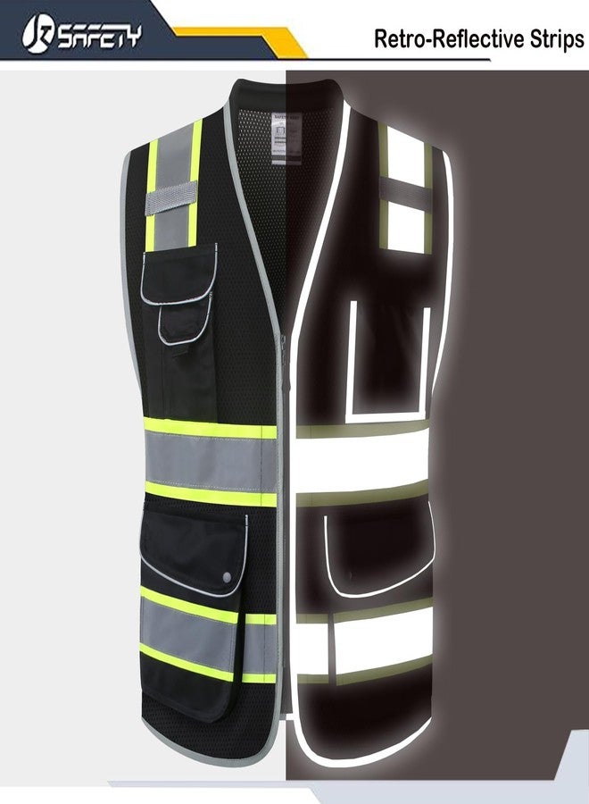 JKSafety سترة أمان سوداء عالية الوضوح من JKSafety ذات 9 جيوب للرجال والنساء، مصنوعة من قماش شبكي عاكس للضوء، مزودة بياقة مبطنة، مناسبة للعمل، معدات الوقاية الشخصية، متوافقة مع معايير ANSI/ISEA (101-أسود، مقاس L). - Image 3