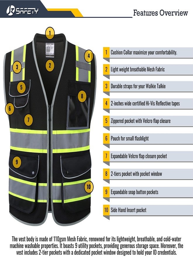 JKSafety سترة أمان سوداء عالية الوضوح من JKSafety ذات 9 جيوب للرجال والنساء، مصنوعة من قماش شبكي عاكس للضوء، مزودة بياقة مبطنة، مناسبة للعمل، معدات الوقاية الشخصية، متوافقة مع معايير ANSI/ISEA (101-أسود، مقاس L). - Image 4