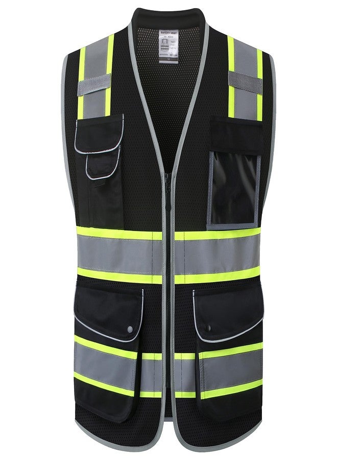 JKSafety سترة أمان سوداء عالية الوضوح من JKSafety ذات 9 جيوب للرجال والنساء، مصنوعة من قماش شبكي عاكس للضوء، مزودة بياقة مبطنة، مناسبة للعمل، معدات الوقاية الشخصية، متوافقة مع معايير ANSI/ISEA (101-أسود، مقاس L). - Image 1