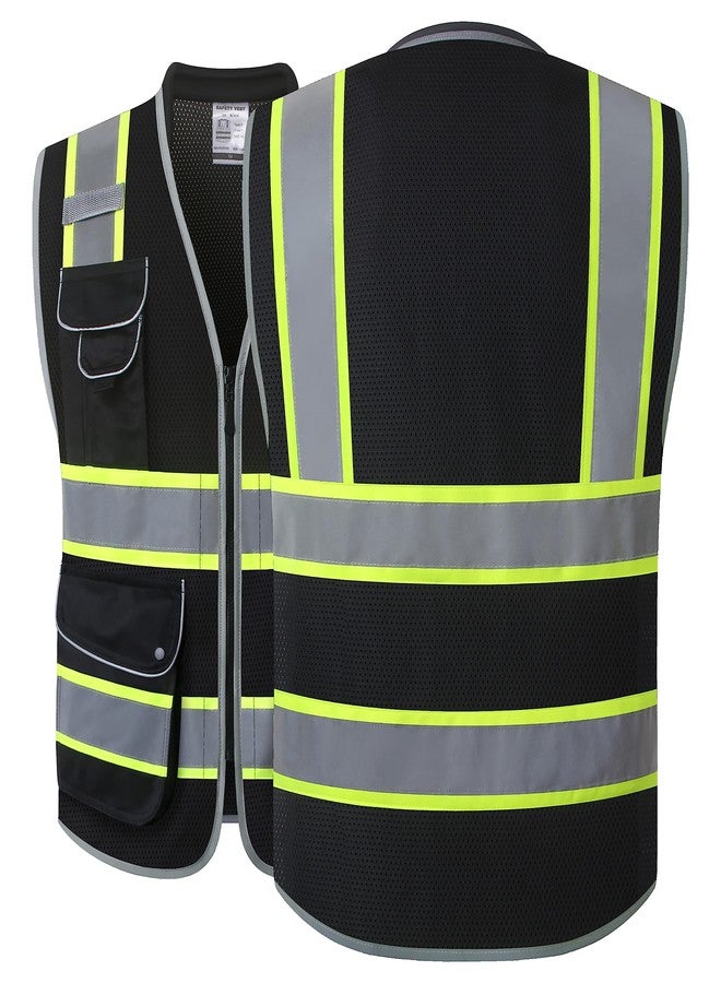JKSafety سترة أمان سوداء عالية الوضوح من JKSafety ذات 9 جيوب للرجال والنساء، مصنوعة من قماش شبكي عاكس للضوء، مزودة بياقة مبطنة، مناسبة للعمل، معدات الوقاية الشخصية، متوافقة مع معايير ANSI/ISEA (101-أسود، مقاس L). - Image 5