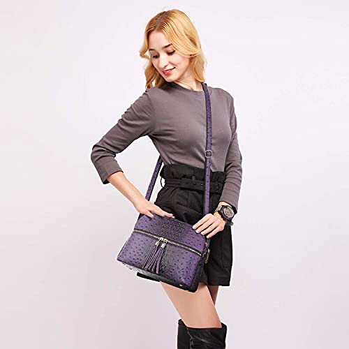 Dasein Women Tassel Zipper Pocket Crossbody Bag Shoulder Purse Fashion Travel Bag with Multi Pockets(Ostrich Purple) - Image 2