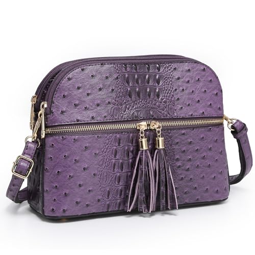 Dasein Women Tassel Zipper Pocket Crossbody Bag Shoulder Purse Fashion Travel Bag with Multi Pockets(Ostrich Purple) - Image 1
