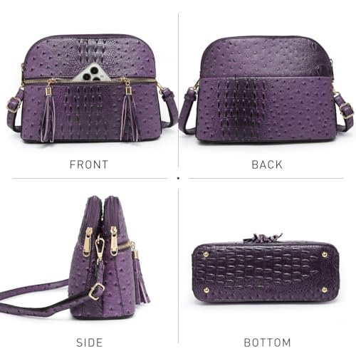 Dasein Women Tassel Zipper Pocket Crossbody Bag Shoulder Purse Fashion Travel Bag with Multi Pockets(Ostrich Purple) - Image 3
