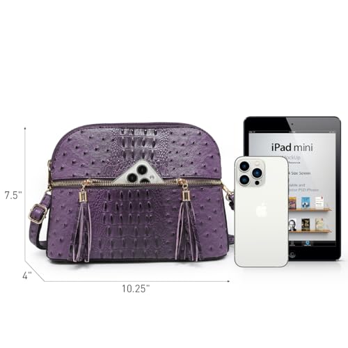 Dasein Women Tassel Zipper Pocket Crossbody Bag Shoulder Purse Fashion Travel Bag with Multi Pockets(Ostrich Purple) - Image 4