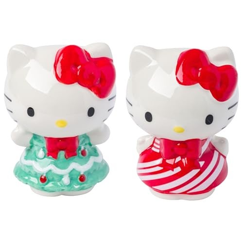Silver Buffalo Sanrio Hello Kitty 3D Sculpted Festive Christmas Tree and Candy Cane Holiday Salt and Pepper Shaker Set - Image 1