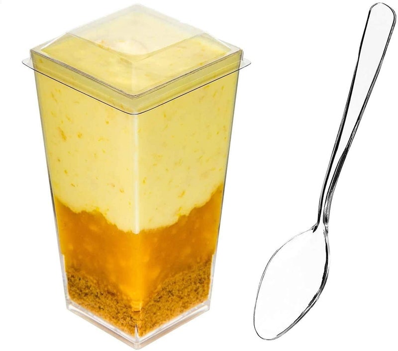 DLux 100 x 3 oz Mini Dessert Cups with Spoons and Lids  Square Tall - Clear Plastic Parfait Appetizer Cup - Small Reusable Serving Bowl for Party Desserts Appetizers - With Recipe Ebook - Image 1