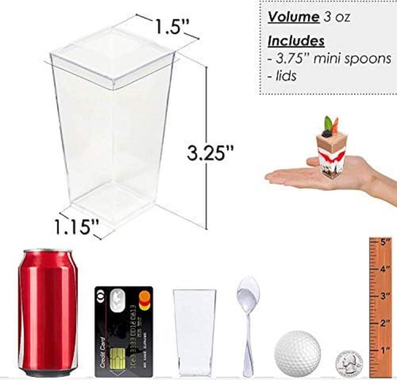 DLux 100 x 3 oz Mini Dessert Cups with Spoons and Lids  Square Tall - Clear Plastic Parfait Appetizer Cup - Small Reusable Serving Bowl for Party Desserts Appetizers - With Recipe Ebook - Image 4