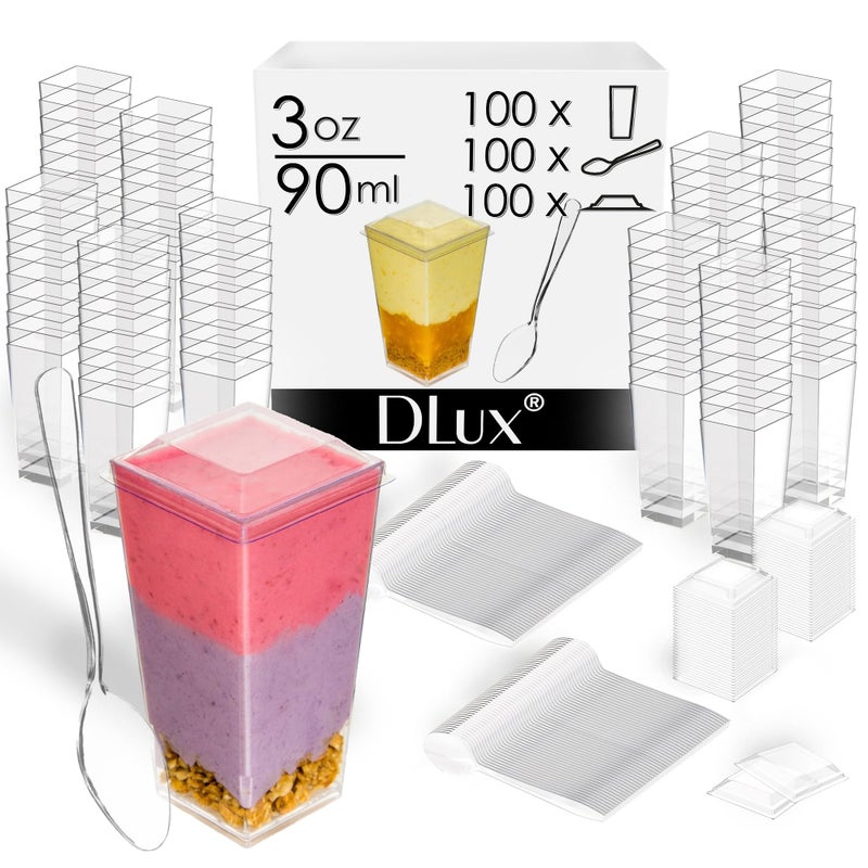 DLux 100 x 3 oz Mini Dessert Cups with Spoons and Lids  Square Tall - Clear Plastic Parfait Appetizer Cup - Small Reusable Serving Bowl for Party Desserts Appetizers - With Recipe Ebook - Image 2