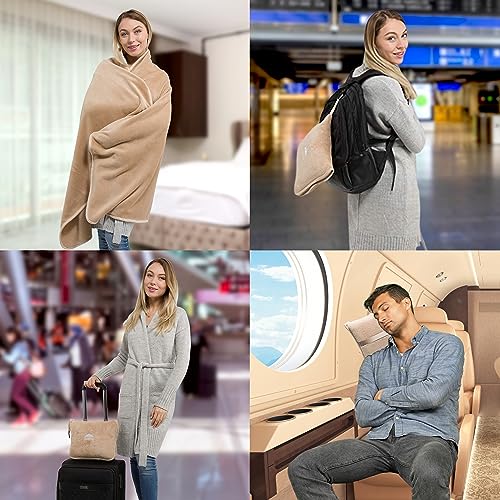 BlueHills بطانية وسادة سفر فاخرة من بلو هيلز، بطانية طائرة، محمولة في حقيبة ناعمة مع حزام أمتعة يد، مشبك حقيبة ظهر، حزمة مدمجة، كبيرة، محمولة، رمي طيران، بيج T005 - Image 3