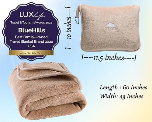 BlueHills بطانية وسادة سفر فاخرة من بلو هيلز، بطانية طائرة، محمولة في حقيبة ناعمة مع حزام أمتعة يد، مشبك حقيبة ظهر، حزمة مدمجة، كبيرة، محمولة، رمي طيران، بيج T005 - Image 4