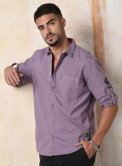 HIGH STAR Men Regular Fit Utility Heavy Washed Spread Collar Solid Cotton Casual Shirt
