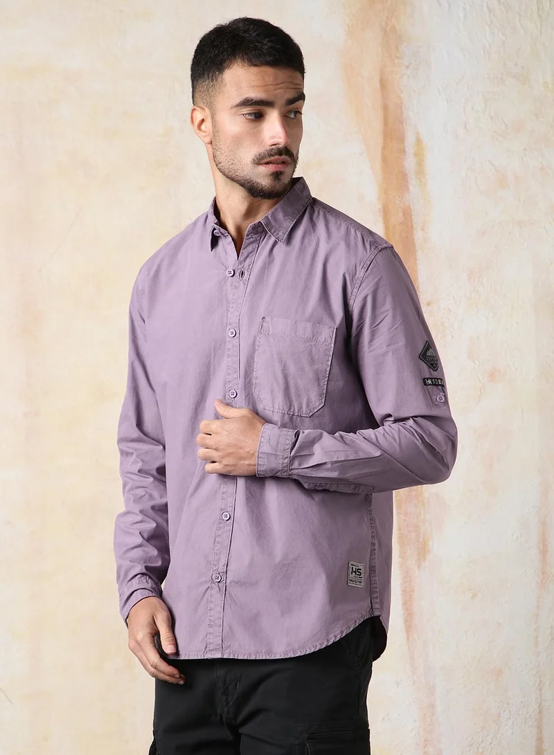HIGH STAR Men Regular Fit Utility Heavy Washed Spread Collar Solid Cotton Casual Shirt
