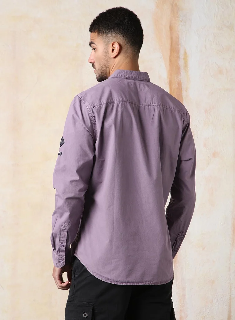 HIGH STAR Men Regular Fit Utility Heavy Washed Spread Collar Solid Cotton Casual Shirt