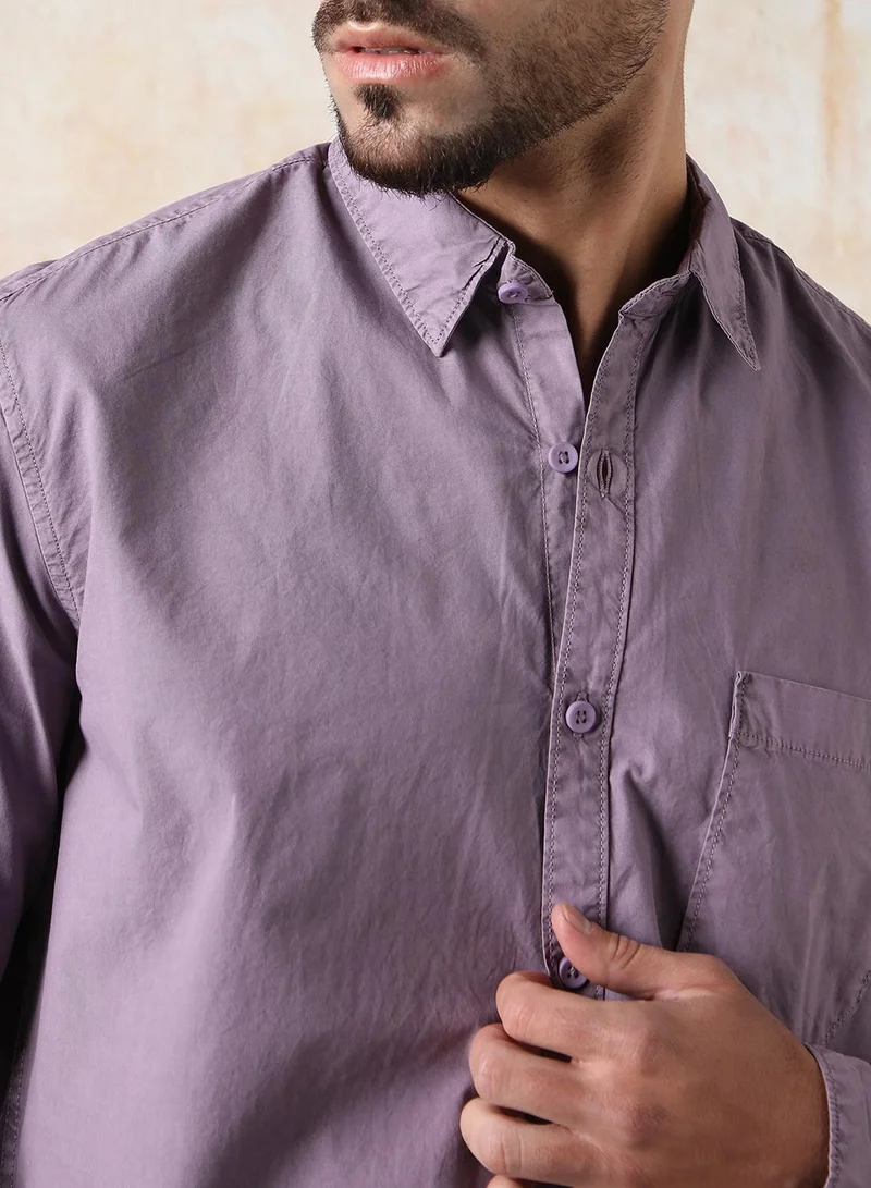 HIGH STAR Men Regular Fit Utility Heavy Washed Spread Collar Solid Cotton Casual Shirt