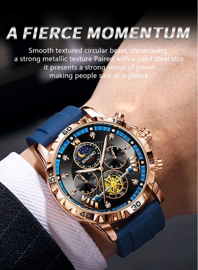 BINBOND Men's Watch Quartz Luxury Leather Waterproof Chronograph Watch - Image 3