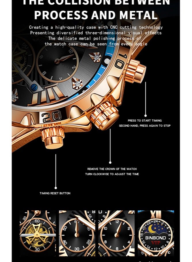 BINBOND Men's Watch Quartz Luxury Leather Waterproof Chronograph Watch - Image 5