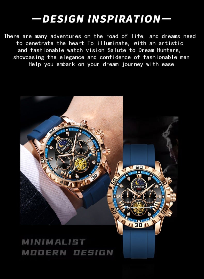 BINBOND Men's Watch Quartz Luxury Leather Waterproof Chronograph Watch - Image 4