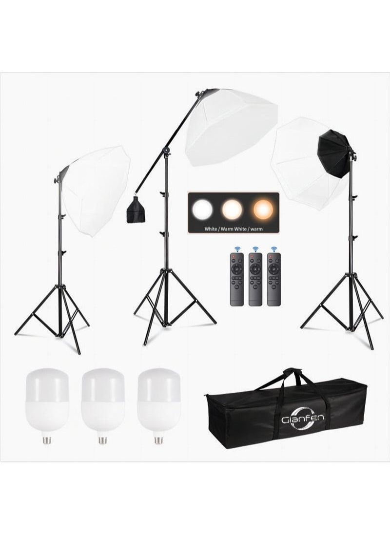 Glanfen - Photography Soft Box Lighting Kit with 3 Pcs 200W 3 Colors Bulbs Soft Boxes and Carry Bag for Portrait Product Shooting - Image 1