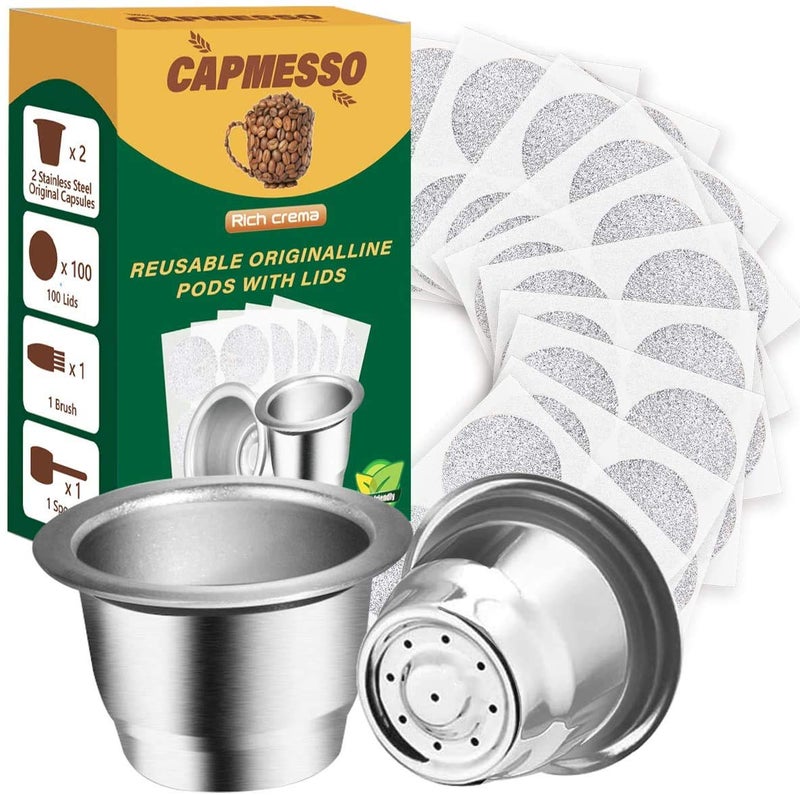 CAPMESSO Reusable Espresso Capsules Refillable Coffee Pod Stainless Steel Cups Compatible with Nespresso OriginalLine Brewer 2 Pods100 Lids