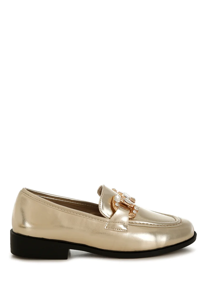 London Rag Diamante Horsebit Metallic Loafers in Gold