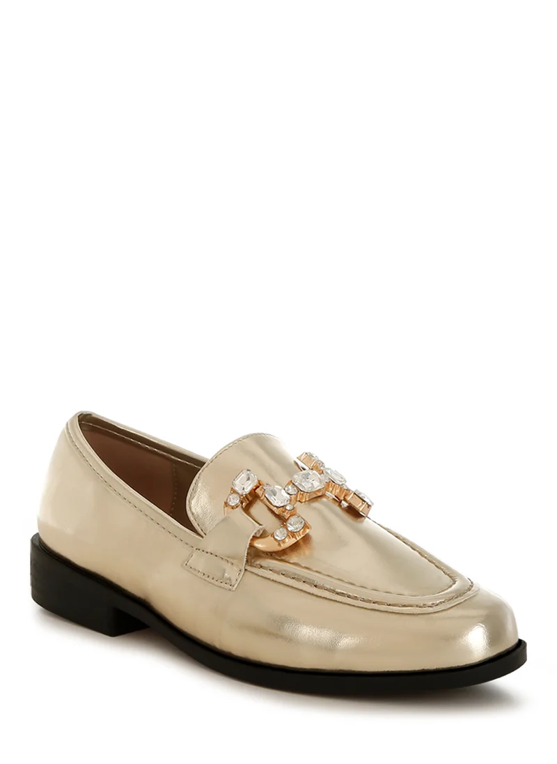 London Rag Diamante Horsebit Metallic Loafers in Gold