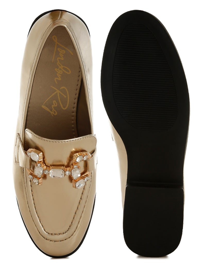 London Rag Diamante Horsebit Metallic Loafers in Gold  - Image 4