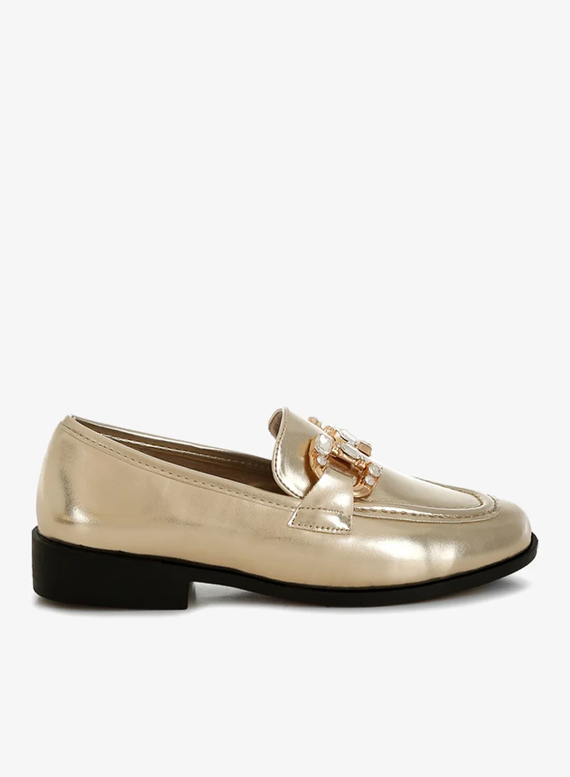 Diamante Horsebit Metallic Loafers in Metallic Gold