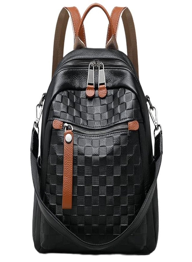 Wesccimo Genuine Leather Backpack Purse For Women Black Real Soft Leather Checkered Convertible Shoulder Casual Daypack Designer Bag - Image 1