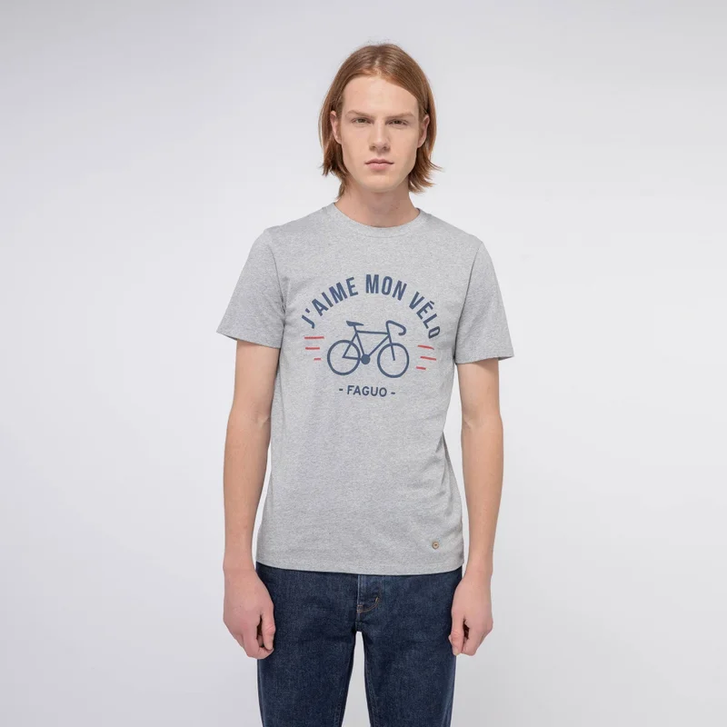 Faguo Grey round collar t-shirt "j'aime mon velo" in recycled cotton - Arcy bike