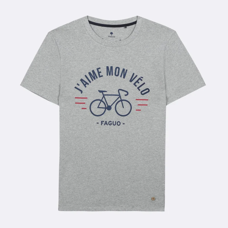 Faguo Grey round collar t-shirt "j'aime mon velo" in recycled cotton - Arcy bike