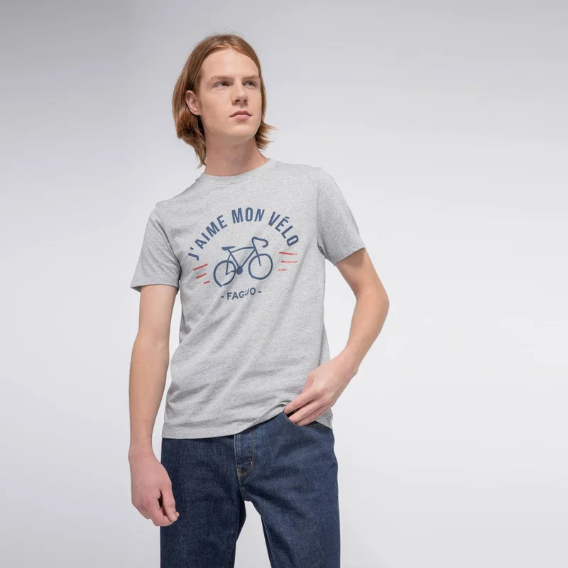 Faguo Grey round collar t-shirt "j'aime mon velo" in recycled cotton - Arcy bike